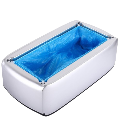 A white box with blue lid on top of green background.